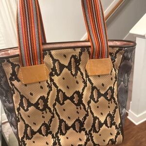 Consuela Snake-Print Tote with Multicolor Striped Straps - Tan & Brown